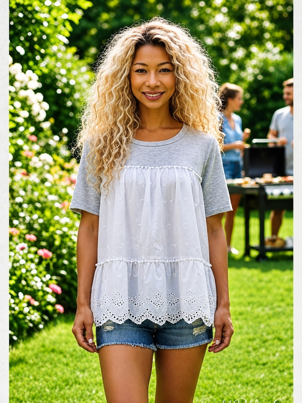 ✨️Böhme Gray and White Tiered Eyelet Top